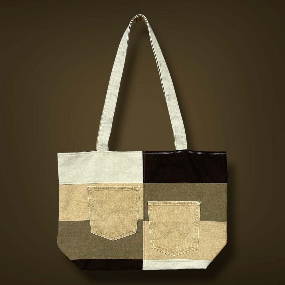 Handmade Bag Patchwork Denim Tote Bag Shoulder Bag Canvas Workwear 15.5x6x15